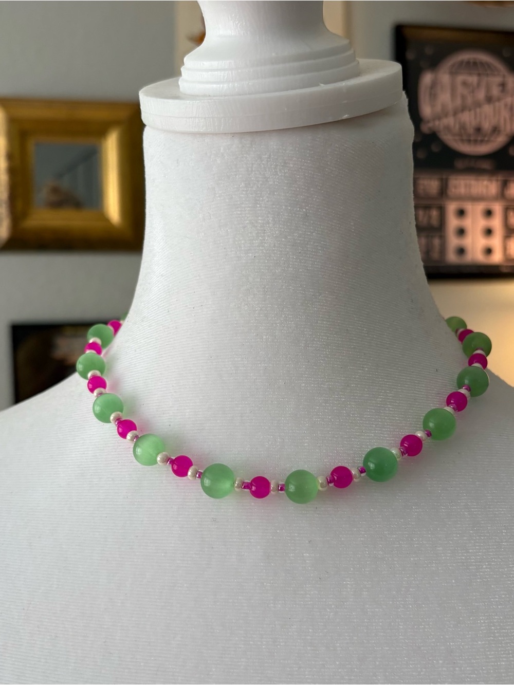 Handcrafted Pink & Green Beaded Choker Necklace